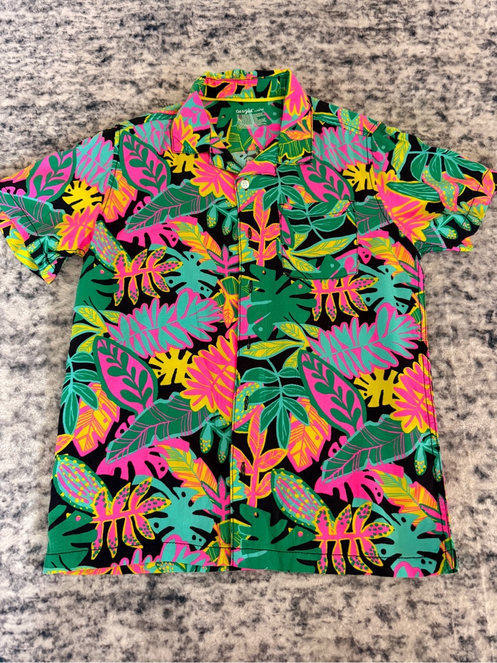Cat & Jack Neon Tropical Leaf Button-Down Shirt - Black, Pink, Green, Yellow